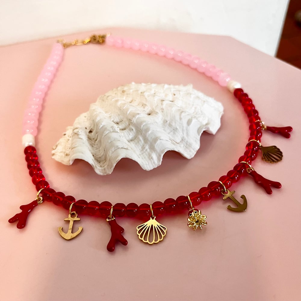 Image of Red and Pink Beaded Necklace with sea theme charms