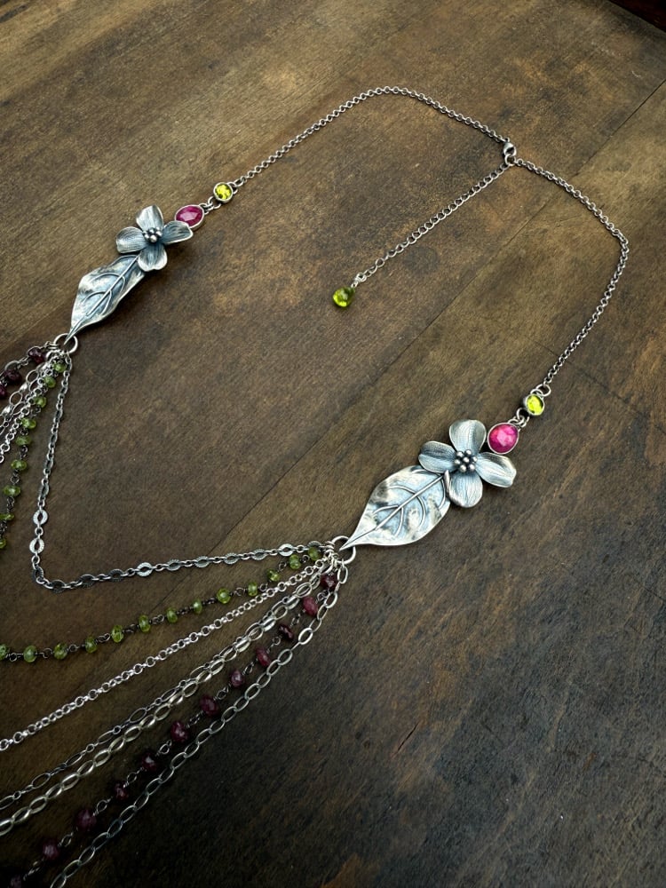 Image of Multi-Strand Dogwood Flower Long Draping Statement Necklace