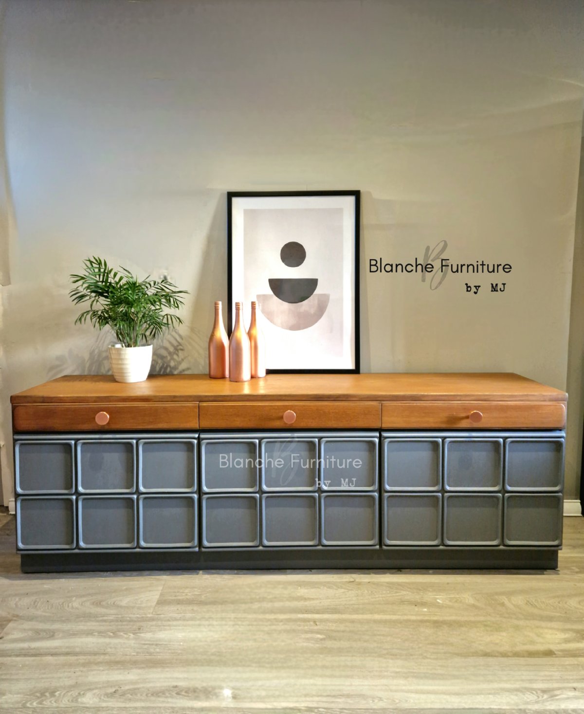 Image of Beautiful, Large Nathan Sideboard in Meridien Grey and Walnut with Copper
