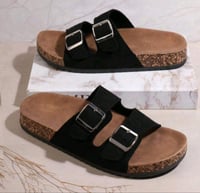 Image 2 of Women Open Toe Double Buckle Band Footbed Slide Sandals