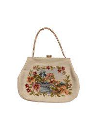 Image 1 of MADE IN DETROIT large 1950s floral countryside needlepoint purse in cream