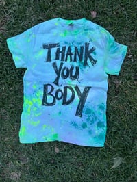 Image 1 of Tie dye green multi colour t shirt with deep dark green text (small)