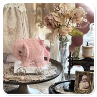 Image 5 of Handmade pink  teddy elephant on a little wooden cart.