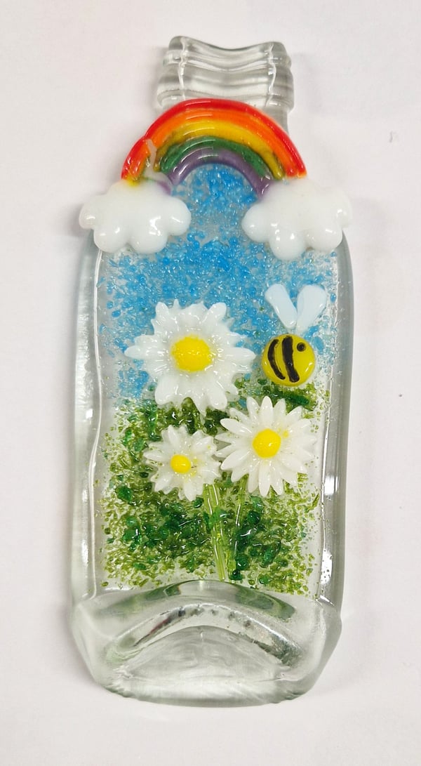 Image of Upcycled Fused Bottle with Rainbow and Daisies