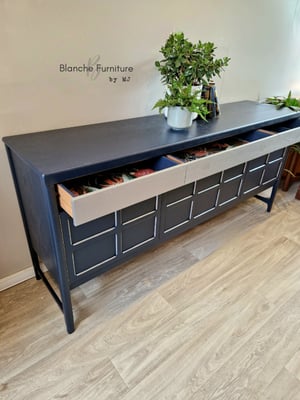 Image of Large Mid Century Nathan Sideboard in Navy Blue with Silver drawers and silver ledged squares
