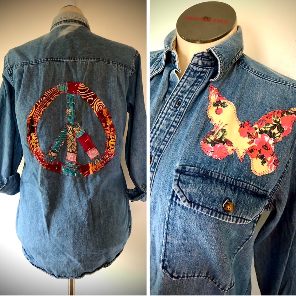 Upcycled “Peace Sign” denim shirt