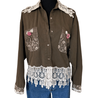 Image 1 of Upcycled Cropped Brown Button Front Rose Lace Shirt Taylor G Dallas Cottage- Women’s  L