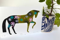 Image 2 of Joan,a green and black monoprinted horse with collage elements.
