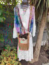 Image 1 of Yellowstone cowboy print suede fringe choc brown and cream