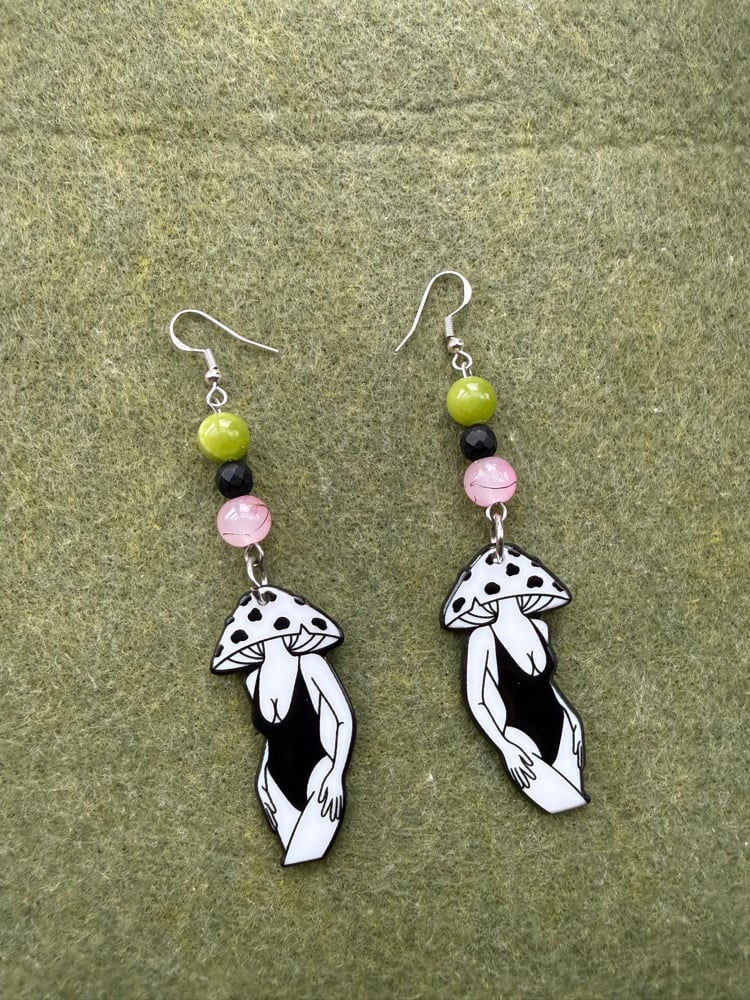 Image of Pink and green mushroom lady earrings 💞🍄💚