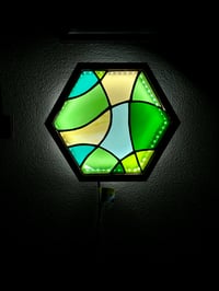 Image 2 of Stained Glass LED Hanging or Table-top Lightbox - Green and Yellow Illuminated Wall Art