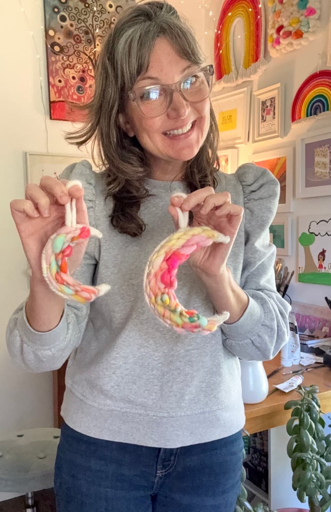 Candy crescent ornament moon set. Woven wall hangings.