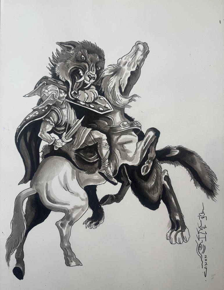Image of Tim Lehi “Reaper Wolf Book Page #106” Painting