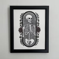 Image 1 of Skeleton and flowers Linocut Print With Watercolor