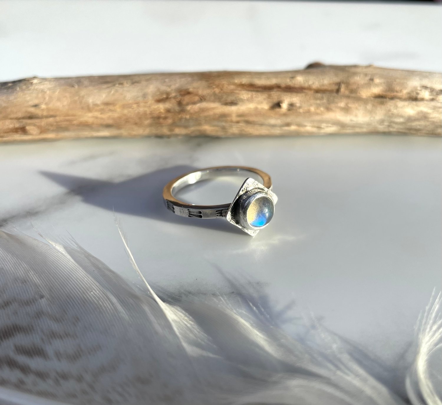 Image of Handmade Sterling Silver Blue Labradorite Stamped Dainty Ring 