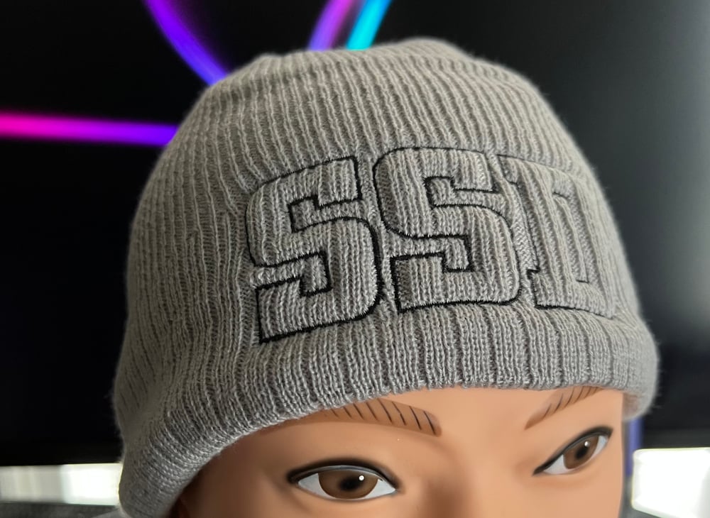 Grey New Era Knit beanie with Black Outline SSD logo