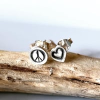 Image 2 of Handmade Mismatched Peace And Love Heart Sterling Silver Stud Earrings 925