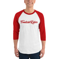 FOOLISH RELICS red baseball script 3/4 sleeve raglan shirt