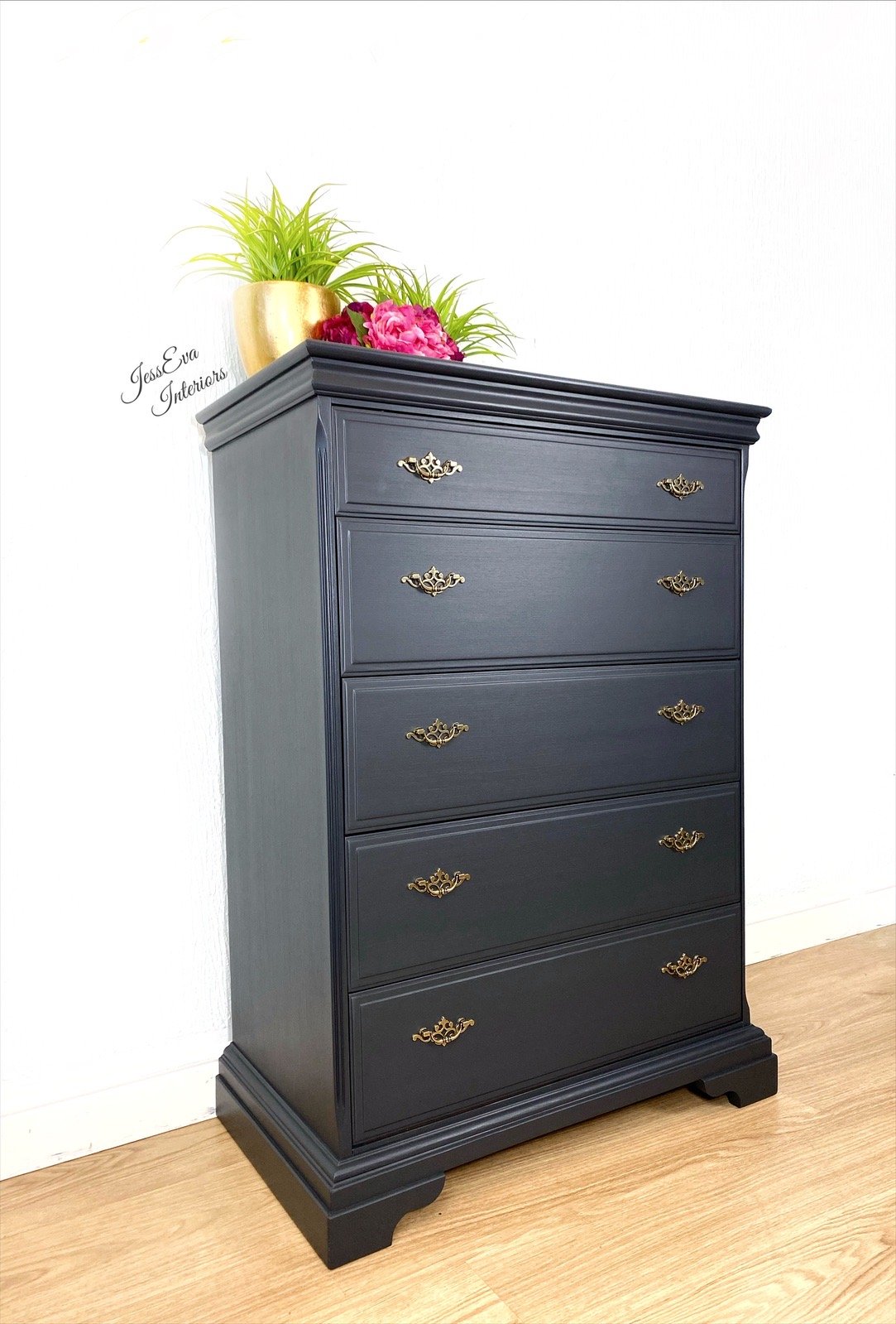 Large Stag Chest of Drawers / Tallboy painted in charcoal grey.