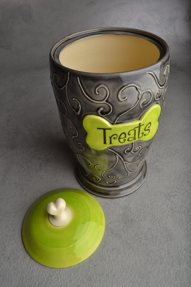 Dog Treat Jar Black & Green "Treat" / Symmetrical Pottery