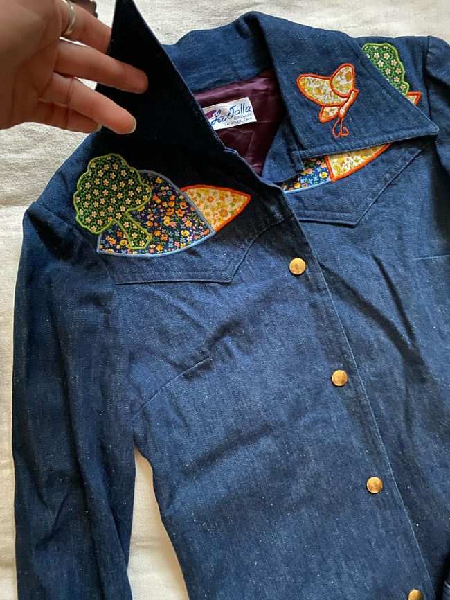 early 70s denim appliqué trouser suit