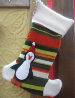 Image of Green Stripe Penguin Holiday Stocking