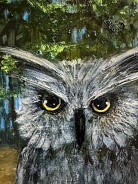 Image 2 of Acrylic Oil and Graphite painting on Wood “Owl in The Bright Woods” by Sheila Cameron copy