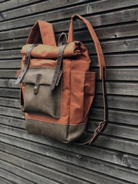 Image 6 of Dry waxed canvas backpack /hipster backpack with roll up top and double bottle pocket
