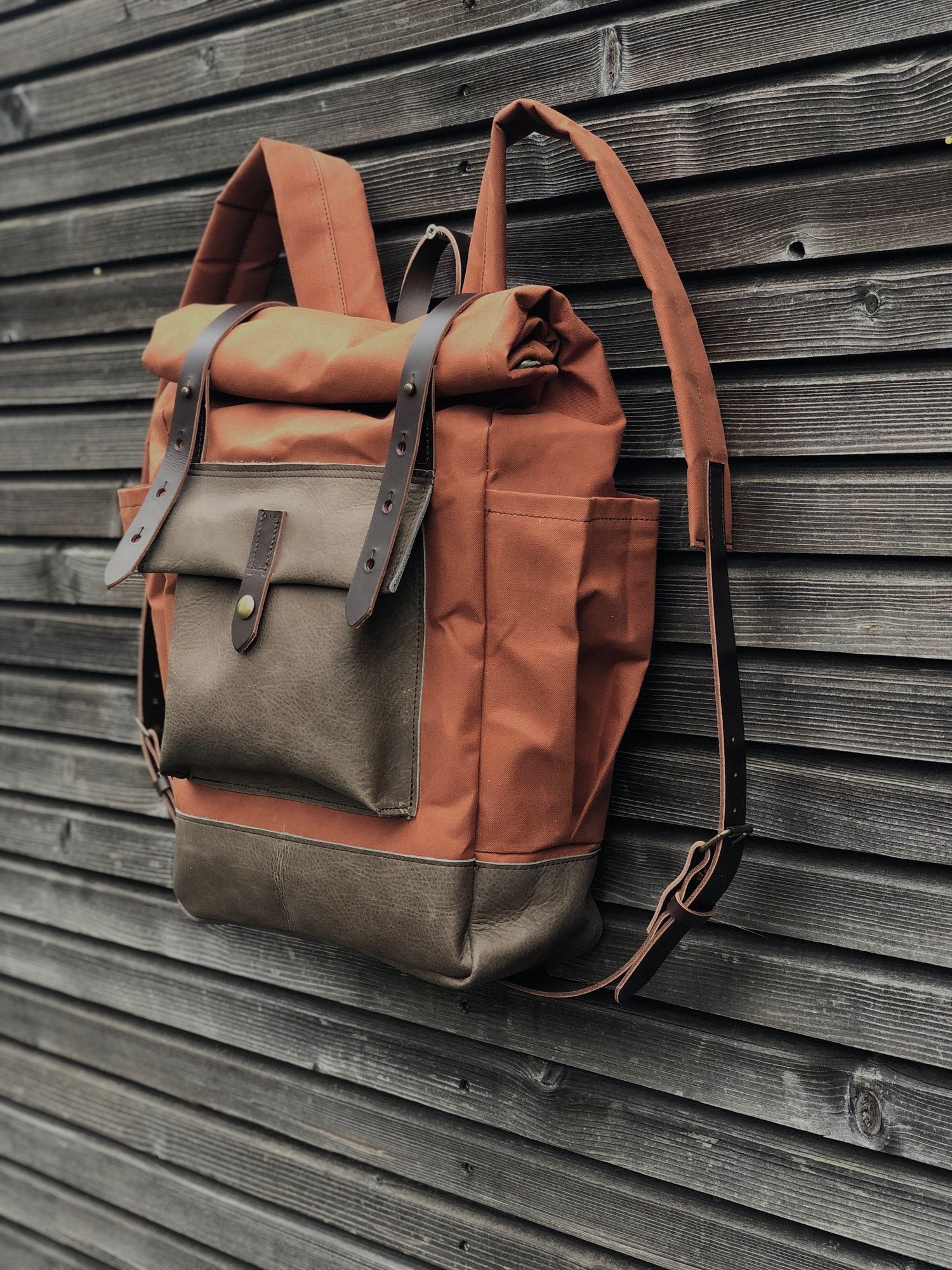Image of Dry waxed canvas backpack /hipster backpack with roll up top and double bottle pocket