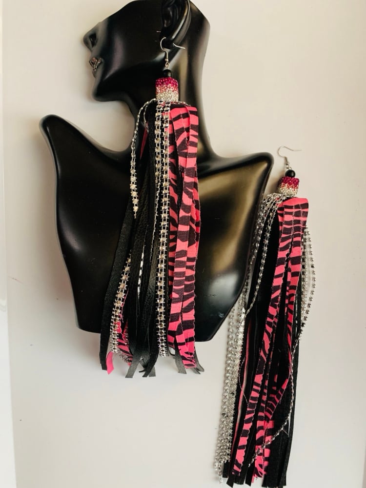 Image of Pink Zebra Tassel Earrings 