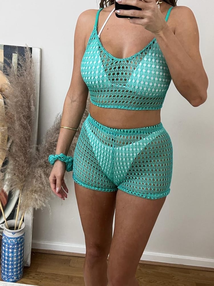 Image of Aqua Crochet Crop Vest & Shorts Set