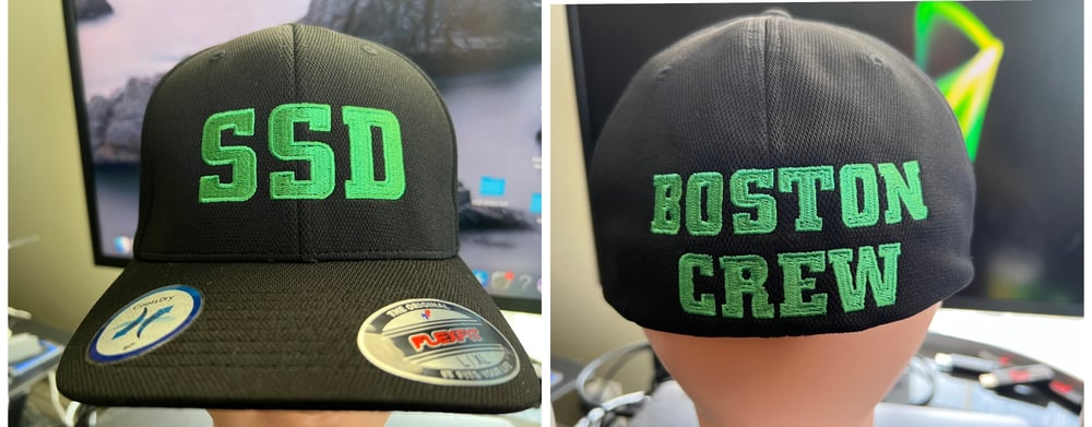 Black Flexfit hat with solid green SSD logo with rear “Boston Crew” logo