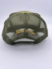 Image 2 of LVL3 NYC OLIVE GREEN & GOLD TRUCKER HAT