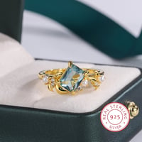 Image 2 of New Hot 18-karat Gold Ring for Women High Quality Square Light Blue Zirconium Ring Fashion Pearl Jew