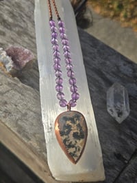 Image 5 of Electroformed Moss Agate and Amethyst knotted necklace