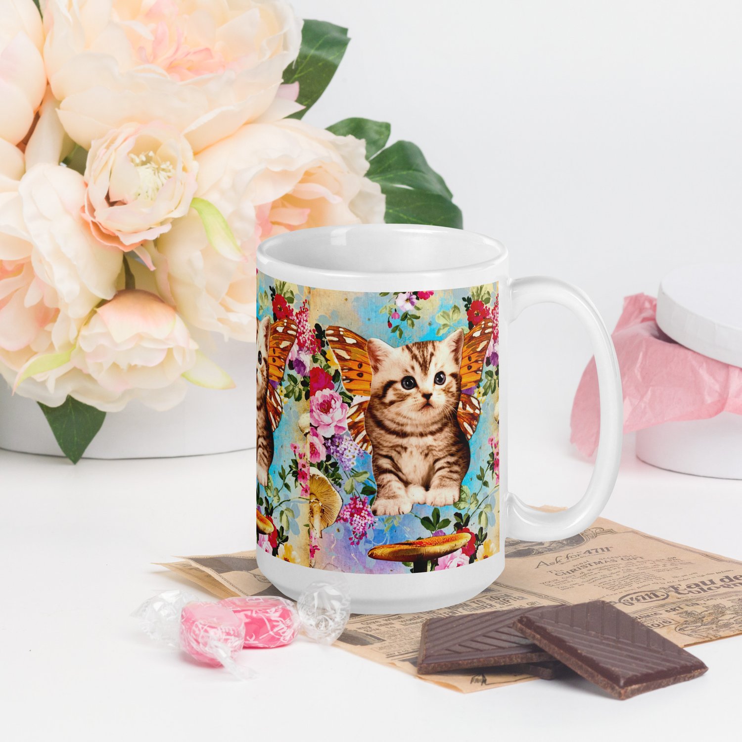 Image of Butterfly Mushroom Kitty - White Glossy Mug