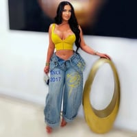 Image 2 of Double Waist Jeans (Blue/Yellow)