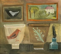 Still life with tea bowls and paintings