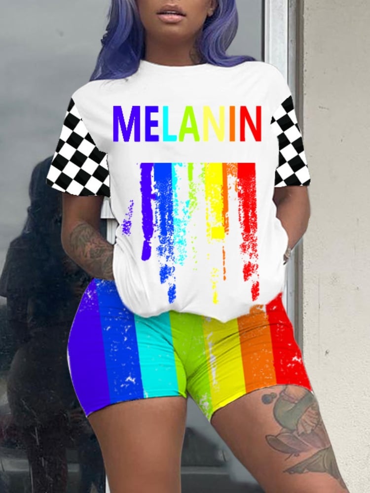 Image of Plaid Letter Print Rainbow Striped Shorts Set