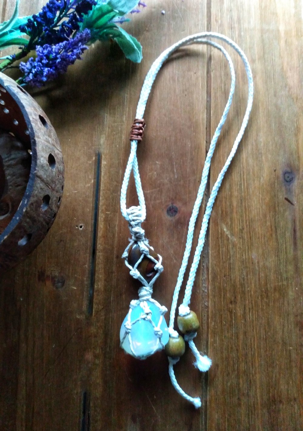 Image of Stacked Opalite and Tigers Eye macrame necklace