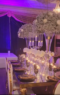 Image 2 of Gold Stainless Steel table with a glass top Setup with 12 luxury chairs and decor design as picture 