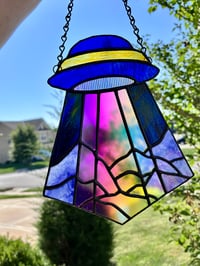 Image 4 of Stained Glass UFO Suncatcher – Dichroic Beam Handmade Hanging Window Art