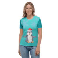 Image 4 of Women's T-shirt (Two-Tone Teal shirt with Christmas Penguin)