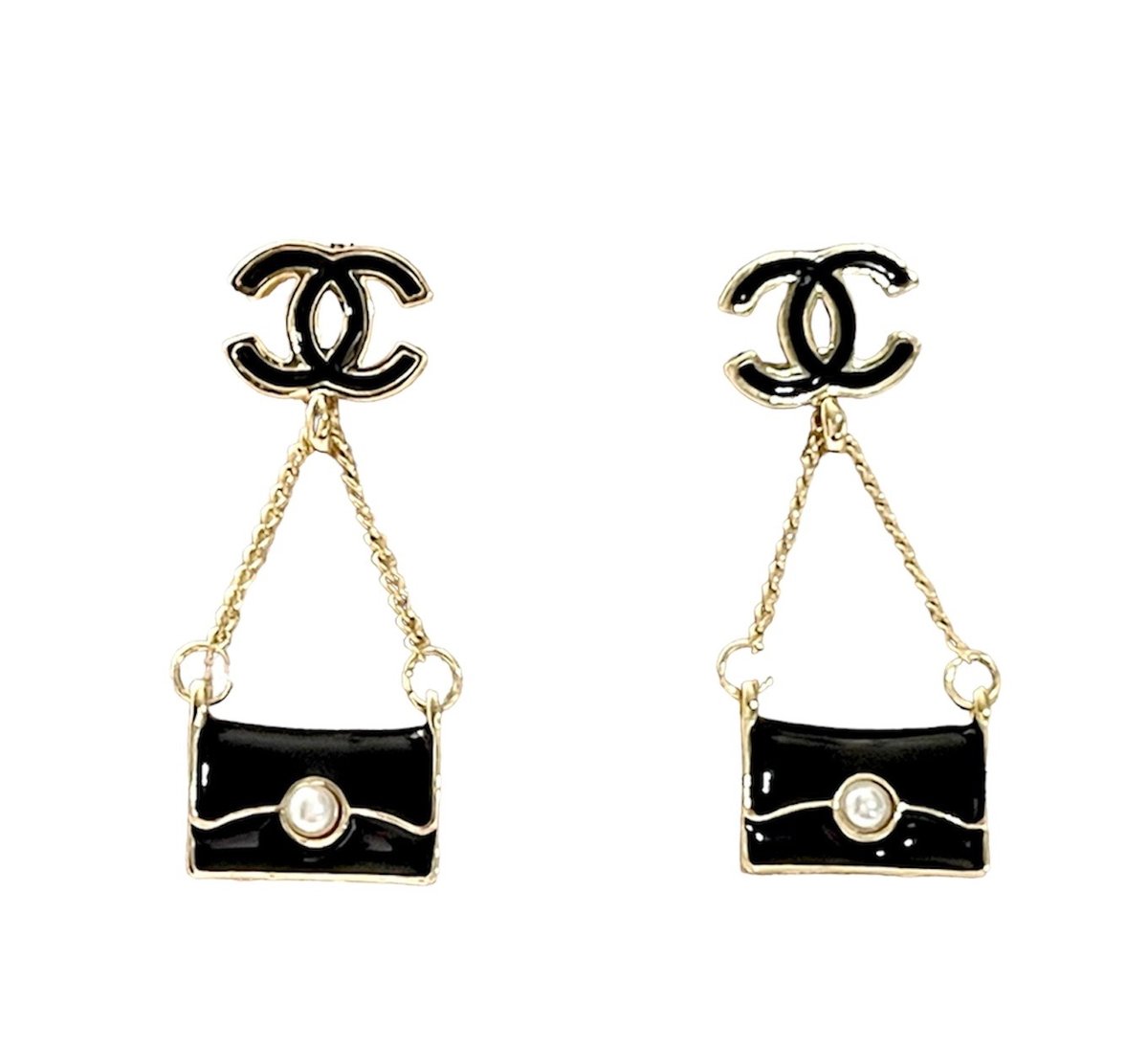 Chanel Black CC Button earrings with Gold Surround For Sale at