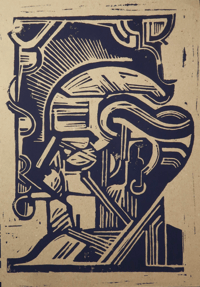 Image 1 of Linocut SMOKER- blue/natural