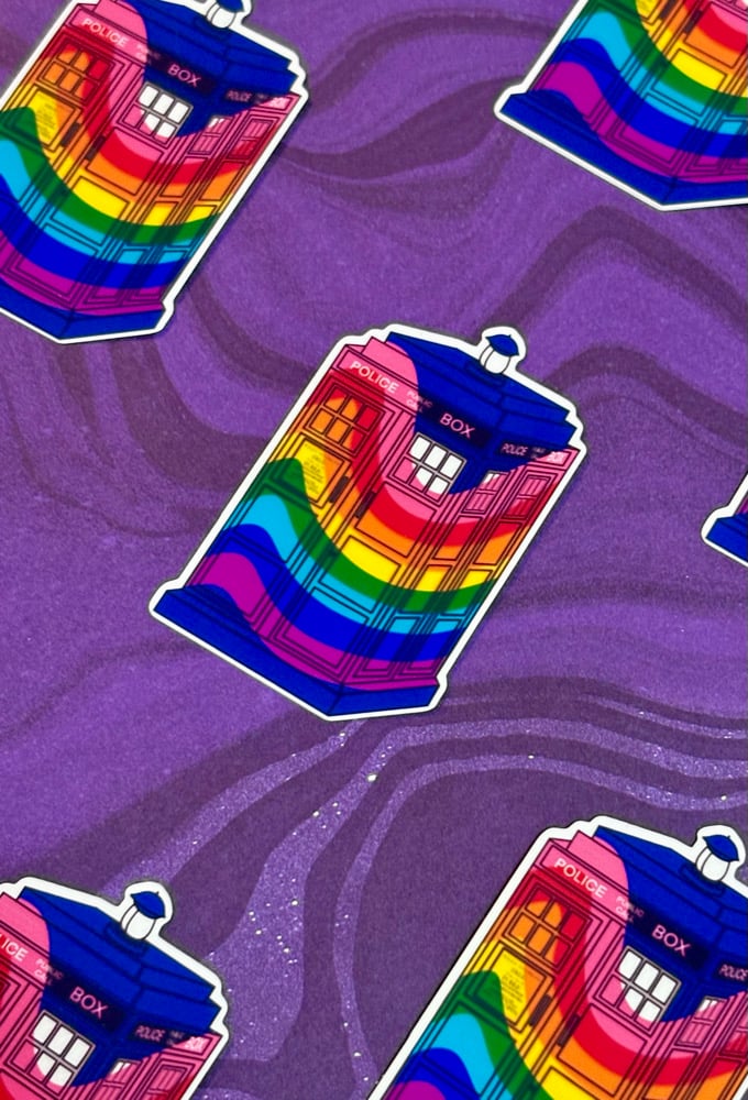 Image of Gilbert Baker Pride Tardis Sticker