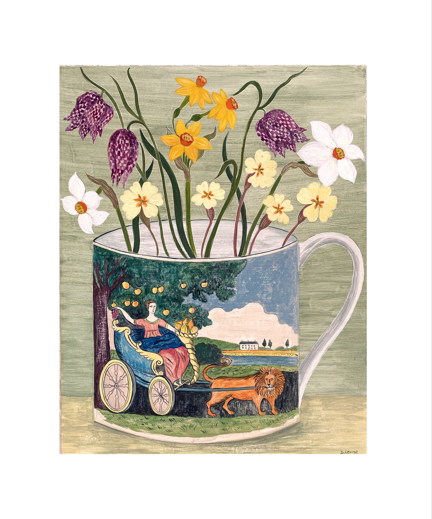 Image of Lion cup and spring flowers Print 