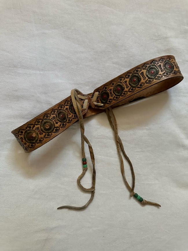 70s tooled leather tie belt with beads 