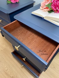 Image 5 of Pair of Stag Minstrel Bedside Tables / Bedside Cabinets / Chest Of Drawers painted in navy blue 