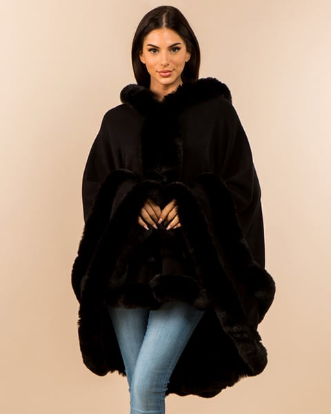 Image of Faux Fur Trim Hooded Elegant Drape Cape Poncho